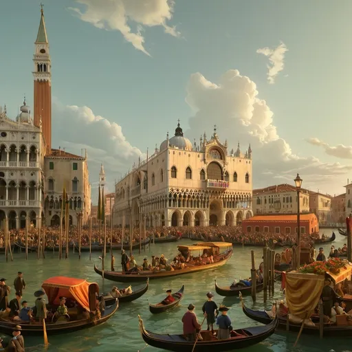 Prompt: Create a vibrant and detailed painting of a bustling Venetian scene reminiscent of Canaletto's style. The composition should include a grand canal filled with gondolas and other boats, showcasing a lively procession or festival. On the left, depict the majestic Campanile di San Marco rising above the scene, and to the right, include the ornate Doge's Palace with its distinctive Gothic architecture. Populate the scene with people dressed in period-appropriate clothing, engaging in various activities such as rowing, conversing, and celebrating. The water should reflect the vivid colors of the boats and buildings, adding to the dynamic atmosphere. Ensure the sky is clear with soft clouds, allowing the sunlight to enhance the architectural details and the festive mood of the scene. Capture the essence of historical Venice, emphasizing its rich culture and lively spirit.
