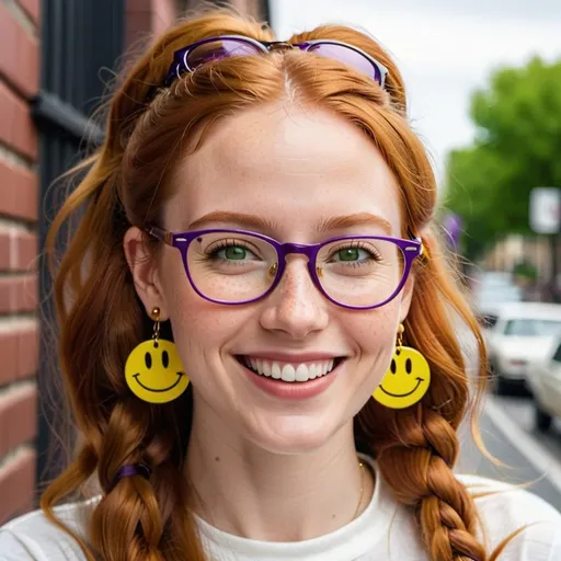 Prompt:  portrait of a smiling 27 year-old woman. green eyes. cover with dark freckle. long ginger hair ginger in a French braid.   wearing  red lipstick. purple broad rimmed eyeglasses.  1970s yellow smiley face earrings,  and  white t-shirt with a 1970s yellow smiley face. photo.