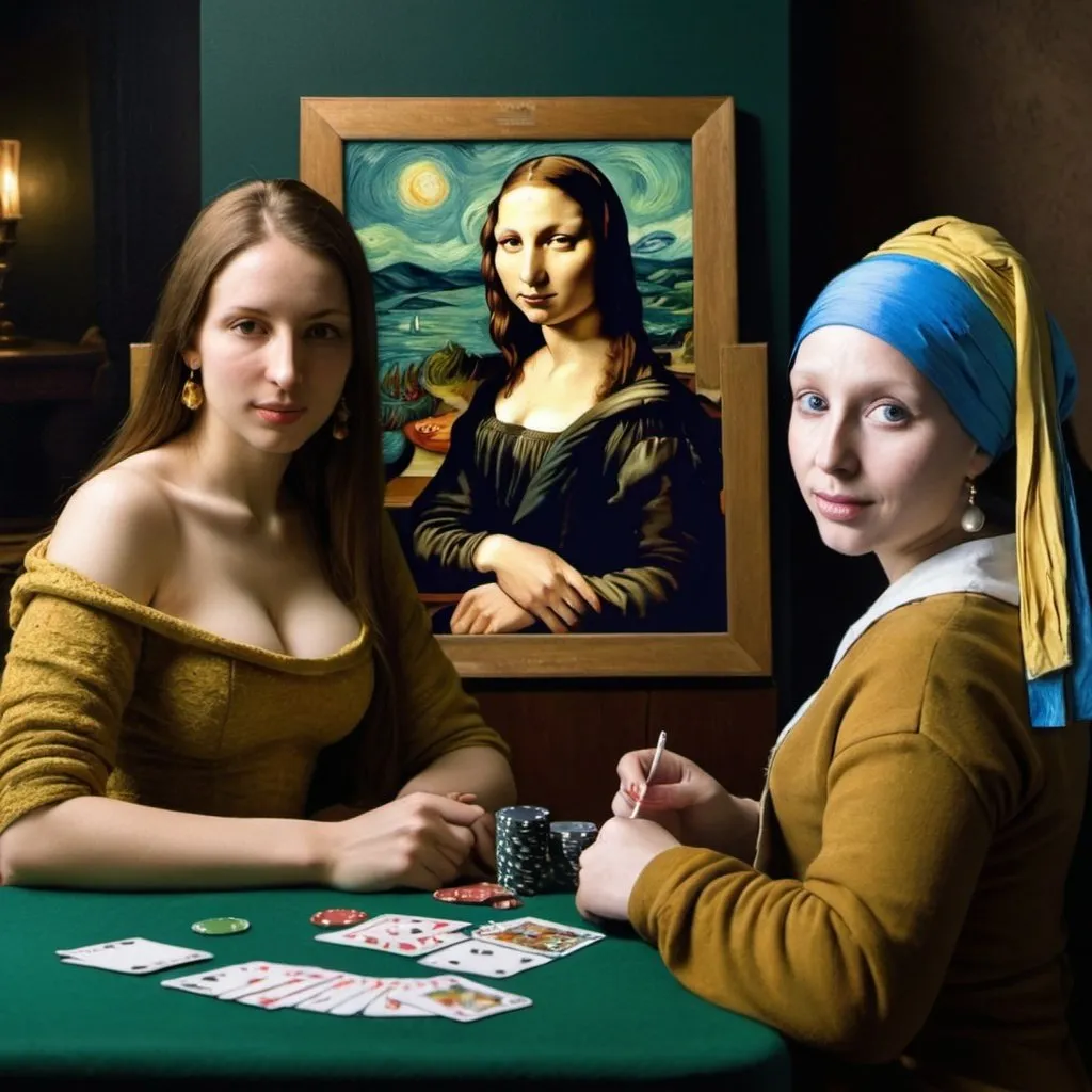 Prompt: "Mona Lisa" playing poker with "Vincent van Gogh",  and "the girl with the pearl earring" 