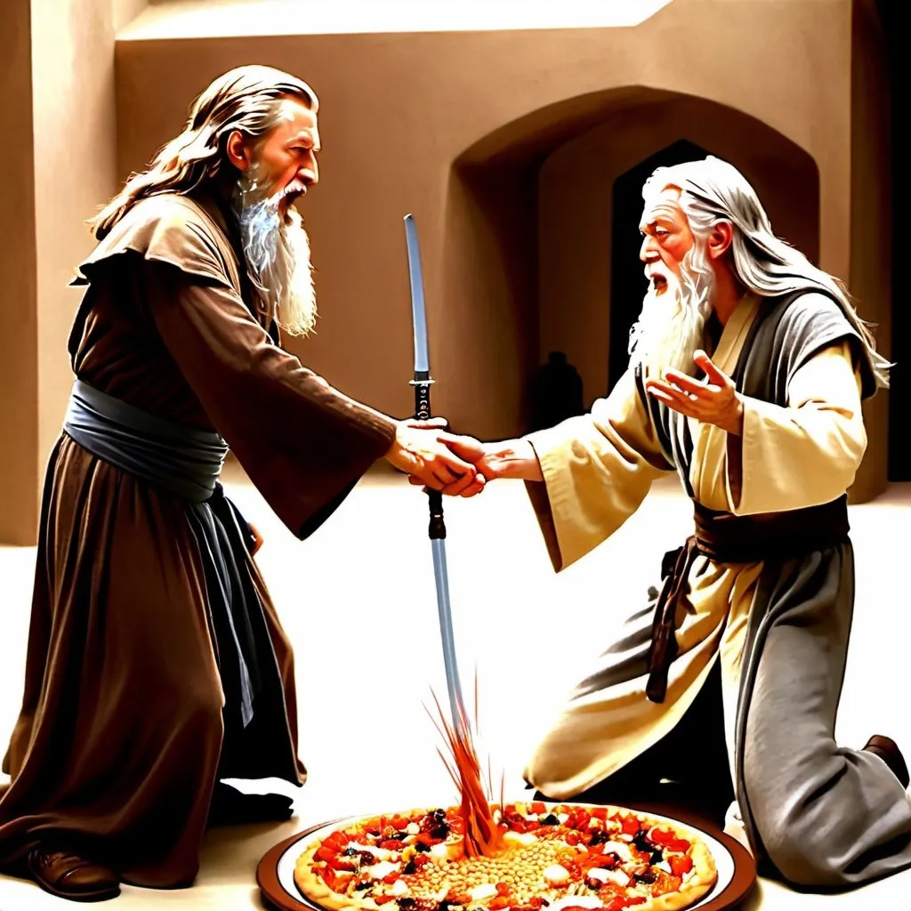 Prompt: Obi-Wan Kenobi and Gandalf in a food fight