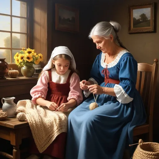 Prompt: Create a UHD, 64K, professional oil painting in the style of Carl Heinrich Bloch, blending the American Barbizon School and Flemish Baroque influences. Depict "A heartwarming scene where a grandmother is teaching her granddaughter how to crochet. The setting is cozy and filled with warmth, showcasing the bond and joy of passing down skills through generations."

