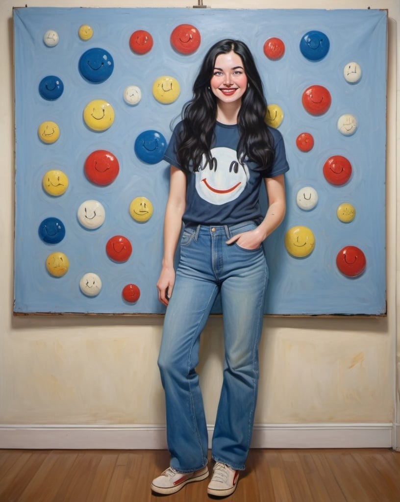 Prompt: a full-length portrait painting,
 27 year-old woman, 
cover with dark freckle,
 blue eyes, 
long black hair, 
red lipstick, 
a smile on her face, 
standing on chart art, 
smiley-face  t-shirt, 
long blue jean,
blue tennis shoes,
1970s oil painting,