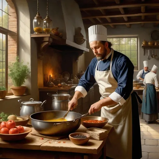 Prompt: Create a UHD, 64K, professional oil painting in the style of Carl Heinrich Bloch, blending the American Barbizon School and Flemish A chef in a bustling kitchen preparing a gourmet dish with other cooks working in the background.