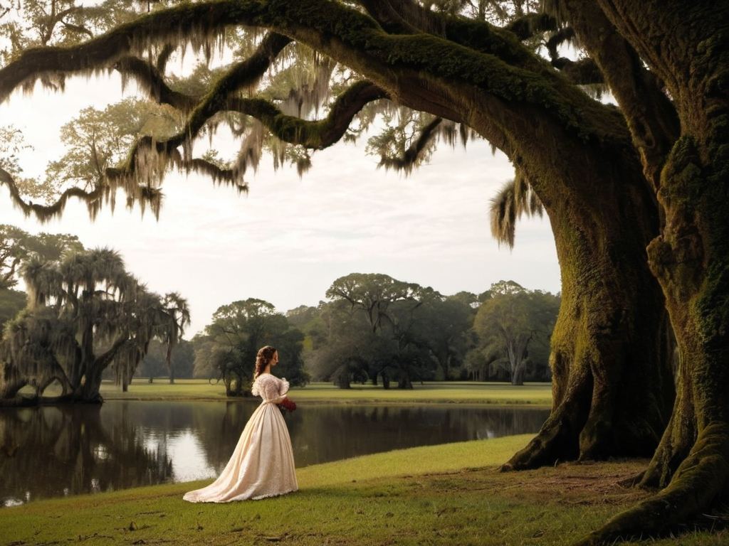 Prompt: 18th century French, Evangeline standing under an oak tree Spanish moss  looking  at  the  Bayou waiting for her forever lost love Gabriel 