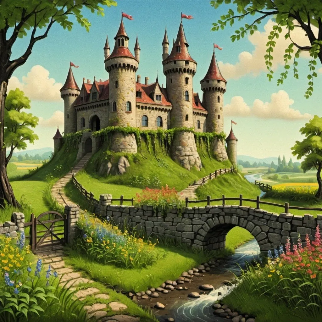 Prompt: a painting of a castle  overgrown with vines and wildflowers  with a path leading to it and flowers in front of it and a fence and a stream in a field with flowers and trees around, The castle itself  though old and ruined in many parts had evidently been at one time a place of considerable strength, in the style of Carl Heinrich Bloch, blending the American Barbizon School and Flemish Baroque influences.  
