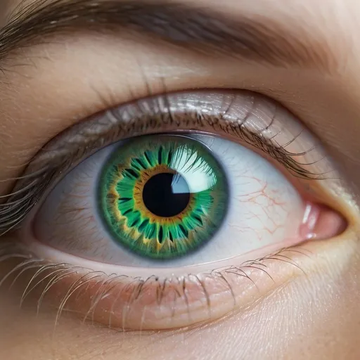 Prompt: Close-up of the eye of a green eye human. professional quality,  high resolution, photo,