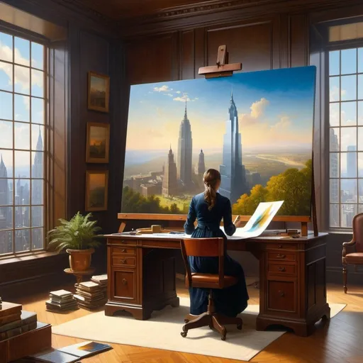 Prompt: painting of a woman working in  an office as an architect designing a skyscraper, Albert Bierstadt, precisionism, giantess art, a realistic painting,
UHD, 
 64K