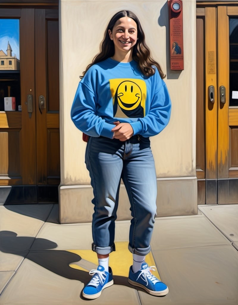 Prompt: a full-length portrait painting,
Mona Lisa,
smile on her face
standing on the sidewalk outside the 	Globe Theatre, 
smiley-face  t-shirt, 
long blue jean,
blue tennis shoes,
academic art, renaissance oil painting