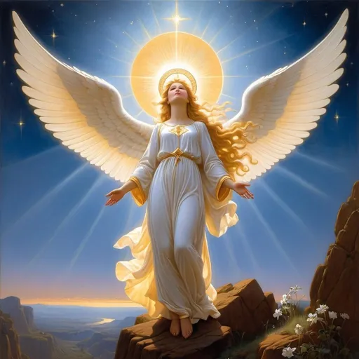 Prompt: panting of "A figure of celestial grace the angel hovered above her ethereal wings glistening in the heavenly light."

George MacDonald, Phantastes (1858)

, Brothers Hildebrandt, american scene painting, highly detailed oil painting, a fine art painting, UHD, 64K