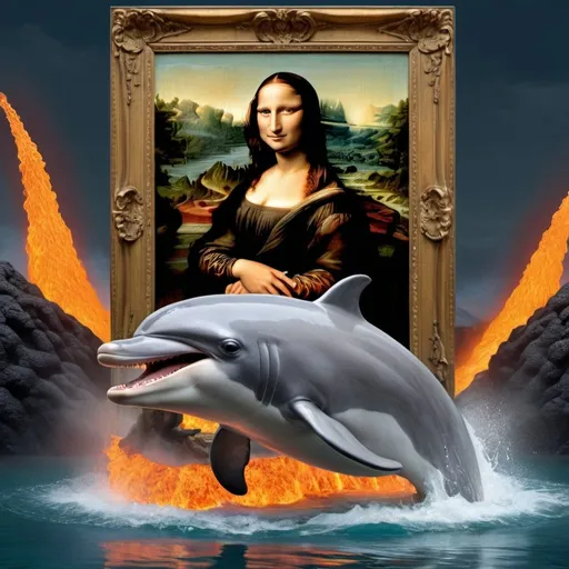 Prompt: Mona Lisa full from head to toe body shot, riding a dolphin  jumping out a lake of  lava