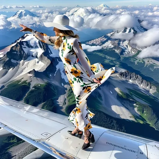 Prompt: a view of something crazy a (( 21-year-old woman in a long flower print Empire Dress with a high neck line and white hat)) is walking on top of the wing of the plane in flight, High Above Mt. Rainier


