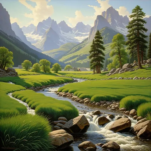 Prompt: a painting of a stream running through a green field with mountains in the background and grass and rocks in the foreground, Brothers Hildebrandt, american scene painting, highly detailed oil painting, an oil painting