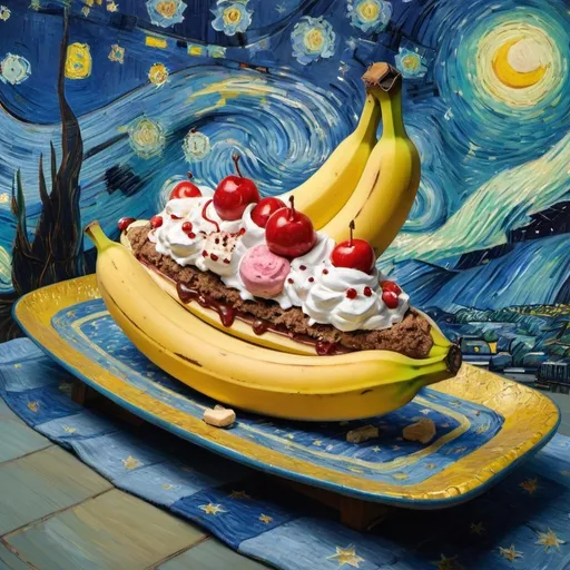 Prompt: A banana split flying on a "magic carpet" in "The Starry Night" by Vincent van Gogh