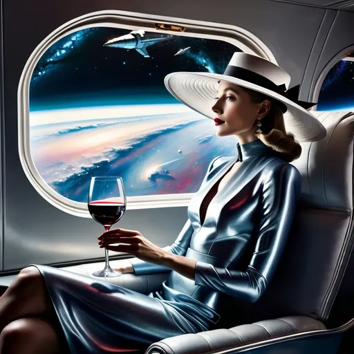 Prompt: a 21-year-old woman in a long flower print Empire Dress with a high neck line and white hat sitting on a spaceplane seat with a hat on her head drinking a glass of red wine,  and (( the Andromeda Galaxy))  in the background with a window, Annie Leibovitz, precisionism, promotional image, an art deco painting  drinking red wine,