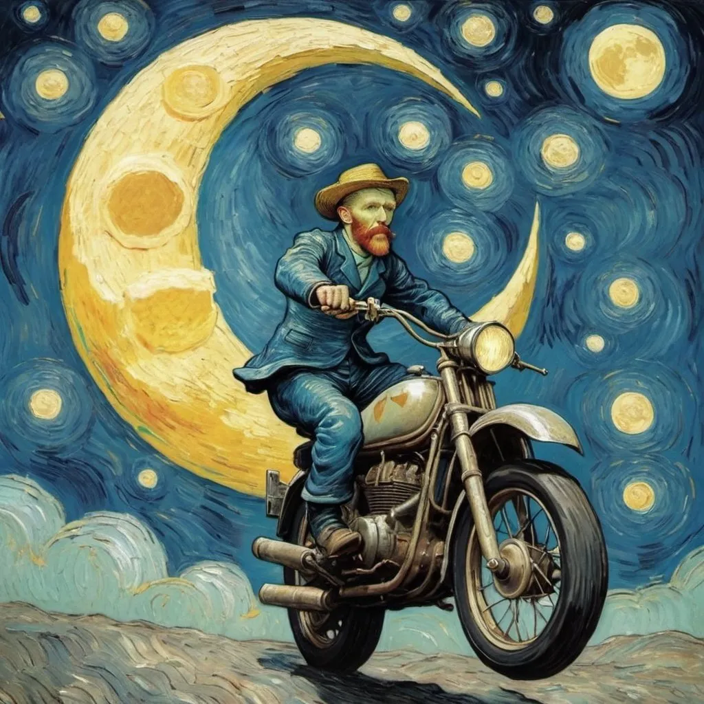 Prompt: Vincent van Gogh   jumping over the Moon on a motorcycle.