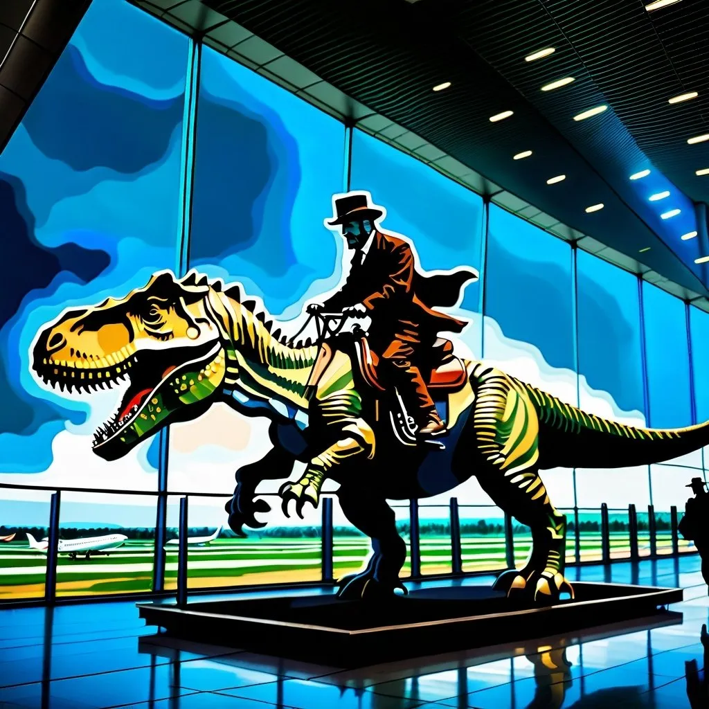 Prompt: "Vincent van Gogh"  riding a  tyrannosaurus in  an airport, 
photo 