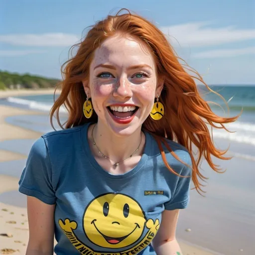 Prompt: photorealistic portrait of a [(27 year-old woman),  (cover with dark freckle), (green eyes), (long ginger hair), (red lipstick), (a smile on her face),(earrings with a SMILEY face on it's earring hooks), (smiley  T-shirt), (long blue jean), (red and blue tennis shoes),]on the beach, looking very excited at an attacking star fighters