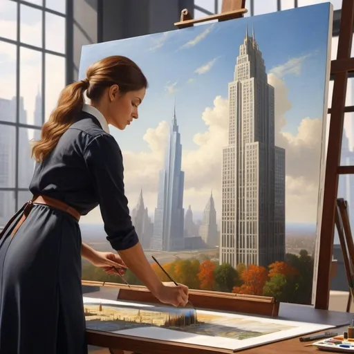 Prompt: painting of a woman working as  an architect designing a skyscraper in an office , 
Albert Bierstadt,
precisionism, 
giantess art, 
a realistic painting.
 UHD, 64K