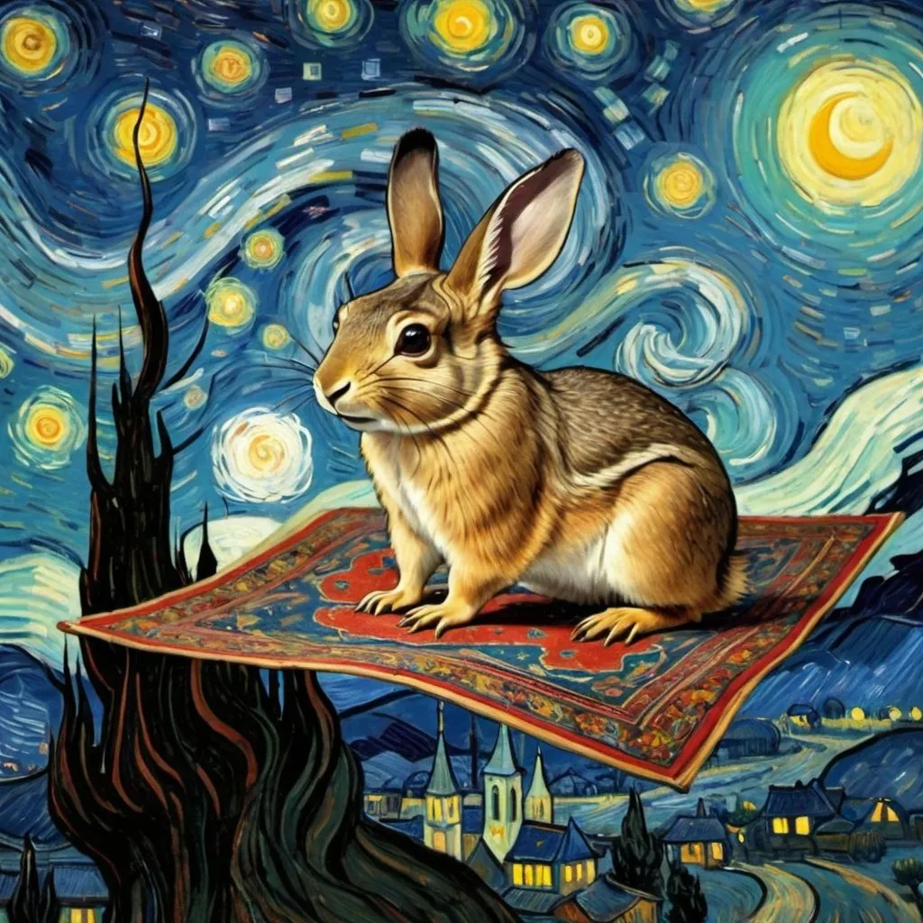 Prompt: A "Viscacha"  flying on a "magic carpet" in "The Starry Night" by Vincent van Gogh