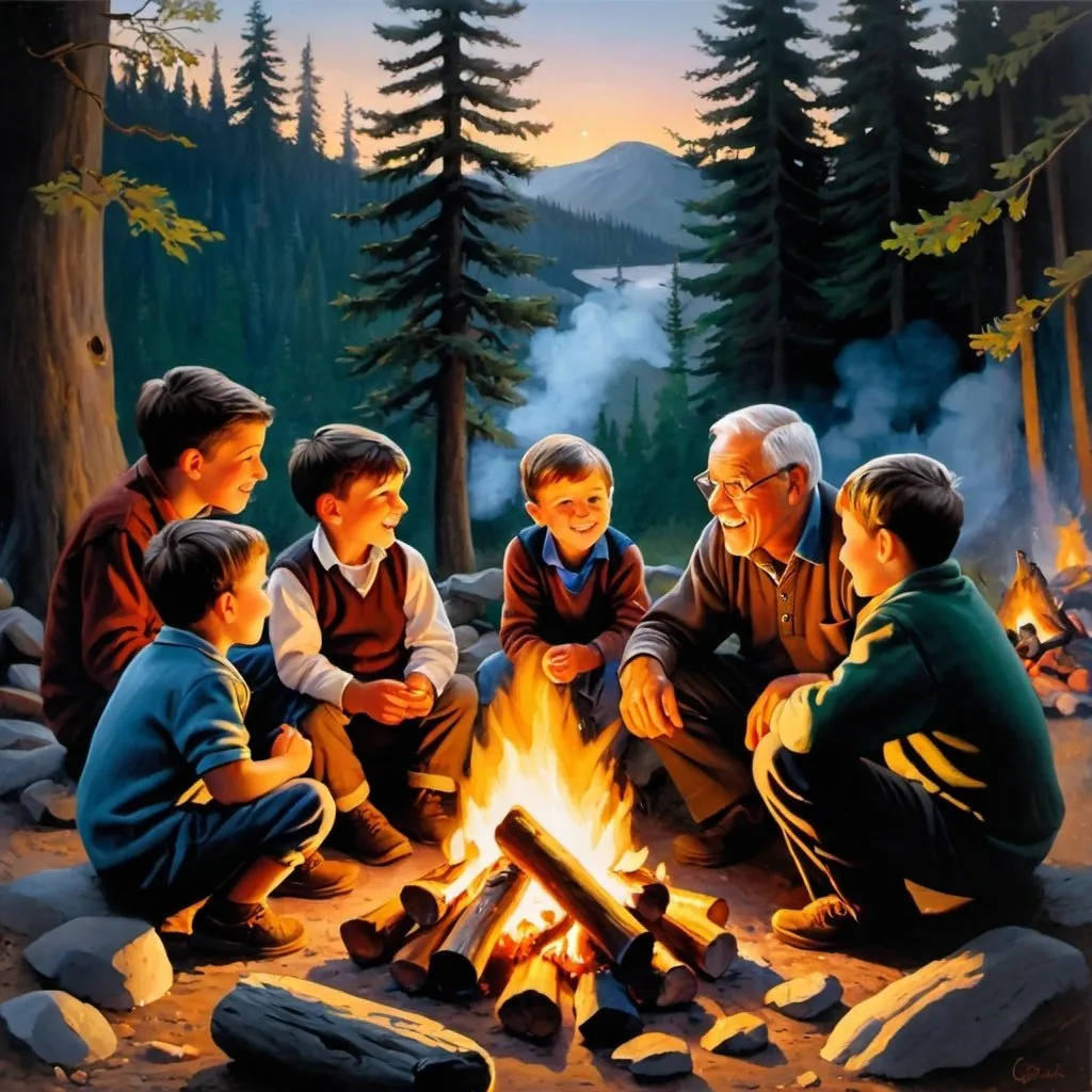 Prompt: painting of a grandfather telling stories by a campfire with five of his young grandchildren.