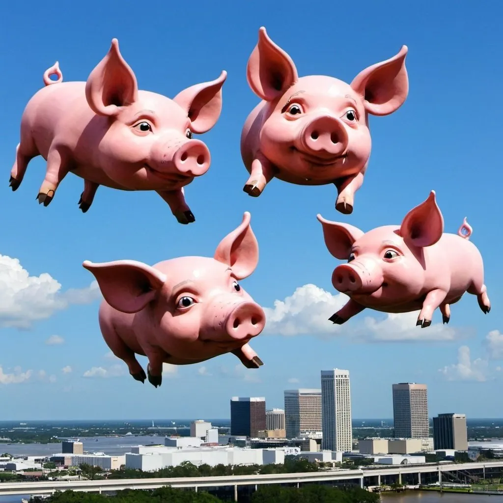 Prompt: three pigs flying over new orleans louisiana 
