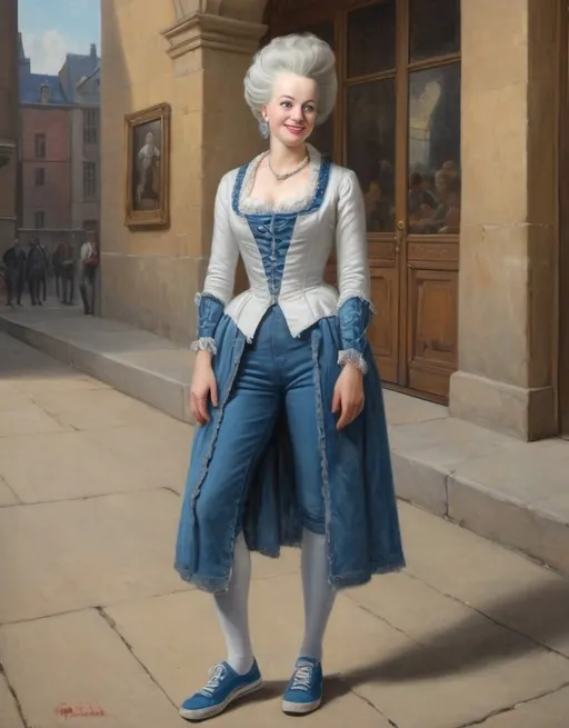 Prompt: a full-length portrait painting,
Marie Antoinette,
smile on her face
standing on the sidewalk outside the 	Globe Theatre, 
smiley-face  t-shirt, 
long blue jean,
blue tennis shoes,
academic art, renaissance oil painting