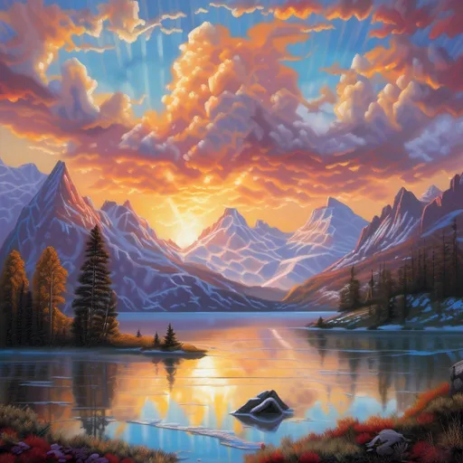 Prompt: Title: "Mountain Majesty: A Sunset Symphony" Description: Imagine standing at the edge of a tranquil lake, surrounded by rugged snow-capped mountains that stretch towards the sky. As the sun begins its descent, the sky transforms into a canvas of breathtaking beauty. Wispy formations blanket the heavens, adding texture and depth to the scene above. These ethereal companions gently reflect the fading light, casting a soft glow over the landscape below. Medium: This prompt invites you to explore the magical interplay of light and shadow as the sun bids farewell to the day. Through your chosen medium, whether it be painting, photography, digital art, or poetry, capture the essence of this serene moment. Let the warmth of the sunset and the grandeur of the mountains inspire your creativity, as you bring to life the symphony of colors and textures that dance across the sky. (by chatgpt) <mymodel>