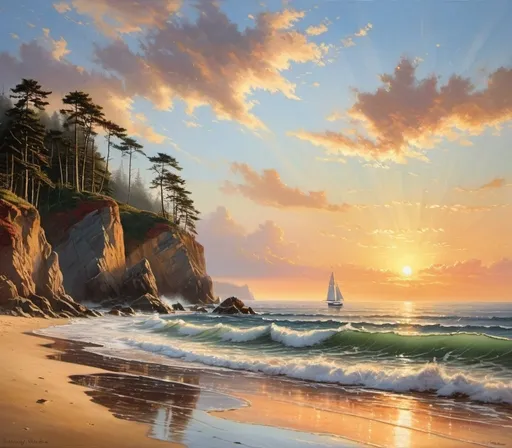 Prompt: Create a serene and captivating painting of a coastal scene at dawn, where the interplay of light and shadow enhances the tranquil atmosphere. The painting should depict gentle waves rolling onto a sandy beach, their foam sparkling subtly in the early morning light.

To the right, a rocky cliff rises steeply, its surface illuminated by the warm hues of the first light, casting long shadows that add depth and contrast to the composition. Above, the sky should be a harmonious blend of soft pastel colors, with wisps of clouds reflecting the dawning sun, creating a sense of calm and anticipation.

In the distance, sailboats dot the horizon, their sails catching the light and adding a sense of scale and movement to the scene. Seagulls should be depicted soaring gracefully in the sky, enhancing the coastal ambiance. The overall mood of the painting should evoke a sense of peace and the quiet beauty of nature's early moments, inviting viewers to pause and appreciate the serene landscape, HDR, UHD, 64K

in the Style of  Albert Bierstadt