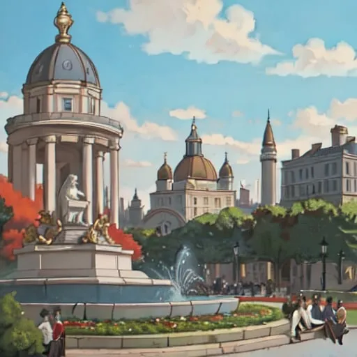 Prompt: Cole Thomas The Consummation The Course of the Empire 1836. a painting of a city with a fountain and people in it and a statue in the background with a building in the background, in the style of Fitz Hugh Lane, neoclassicism, classical painting, a detailed matte painting

