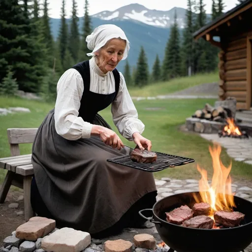 Prompt: whistler mother  grilling a steak over fire