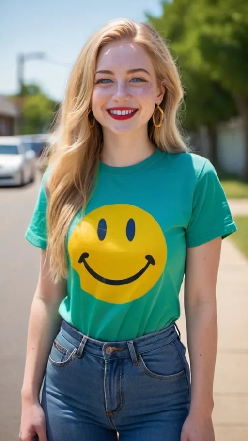Prompt: a full-length portrait photo,
27 year-old  woman,
cover with dark freckle,
blue eyes,
long blonde hair,
red lipstick,
a smile on her face, 
gold-earrings-with-a-smiley-face- ON-them,  
smiley-face-T-shirt, 
long blue jean,
with a green background and a blue sky,

