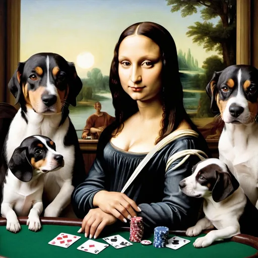 Prompt: Mona Lisa  playing poker of the dogs playing poker