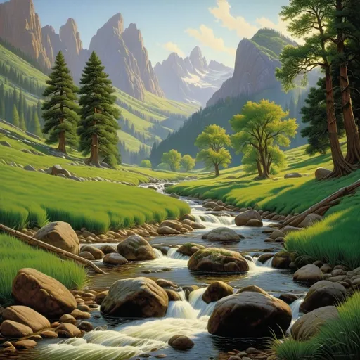 Prompt: a painting of a mountain stream in a green valley with rocks and grass and trees in the foreground, Brothers Hildebrandt, american scene painting, highly detailed oil painting, a detailed matte painting