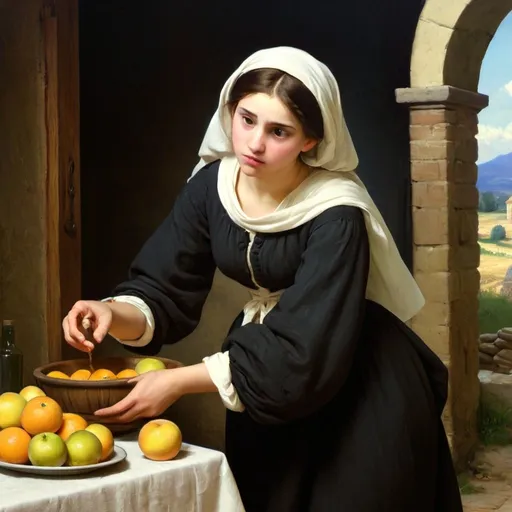 Prompt: Create a professional oil painting in the styles of Carl Heinrich Bloch, the American Barbizon School, William-Adolphe Bouguereau, and Flemish Baroque art. Depict a young woman in a serene, rustic setting, engaged in a domestic task, wearing a traditional 19th-century dress.

Subject: A young woman in a rural setting, arranging a bowl of oranges and apples on a wooden table covered with a white cloth.

Dress Description:

Overlay: Black dress with a fitted bodice.
Undershirt: White, with large, puffed sleeves gathered at the wrists, visible at the neckline and cuffs.
Skirt: Part of the black dress, long and full.
Details: Green accent fabric visible under the black sleeves. White headscarf tied loosely, covering her hair.
Composition: Position the woman centrally, leaning over the table, hands gently touching the fruit. Her expression should be serene and focused.

Background: Rustic interior with an arched doorway opening to a lush green landscape, including rolling hills, distant trees, and a bright blue sky with soft white clouds.

Lighting: Use chiaroscuro with light coming from the right, illuminating her face and hands, casting soft shadows on the table and fruit. The background should have gentle, natural light contrasting with the darker interior.

Detail and Realism: Emphasize textures and details of the dress, fruit, and setting. Ensure the fabric looks realistic with visible folds. The fruit should appear fresh and vibrant.

Color Palette: Rich, deep tones. The black dress contrasts with the white undershirt and headscarf. The fruit should be vibrant oranges and apples. The background should have earthy tones and lush greens.

Atmosphere: Calm and reflective, capturing a timeless moment of simplicity and beauty in rural life.

This rephrased prompt should help the AI tool to clearly understand the specifics of the dress and scene, ensuring accurate representation.