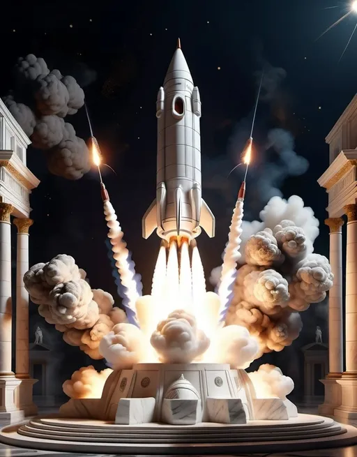 Prompt: white Marble statue of  a of a rocket is being launched on a clear night with fire and smoke billowing out of it's back, in a museum, ancient beauty, classical, sophisticated, traditional sculpture, elegant, natural lighting, 3d blender render, 