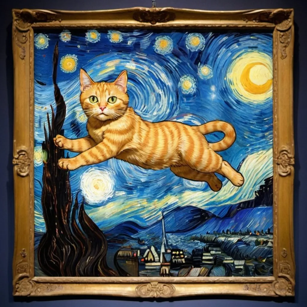 Prompt: a cat flying on a "magic carpet" in "The Starry Night" by Vincent van Gogh