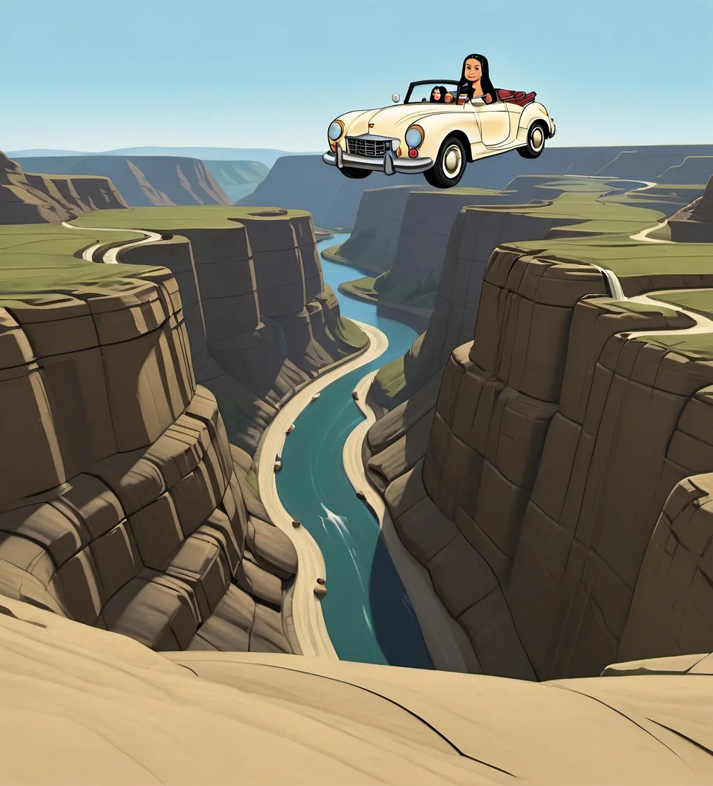 Prompt: a car is flying over a canyon with a river in it and Mona Lisa  is sitting in the in  car, Mona Lisa in the convertible. Mona Lisa's hands is on the steering wheel of the convertible. Mona Lisa is driving the convertible.