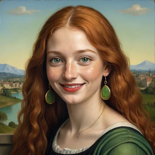 Prompt: a half-length portrait painting,
27 year-old woman,
cover with dark freckle,
green eyes,
long ginger hair,
red lipstick,
a smile on her face, 
"smiley-face-gold-earrings",  
T-shirt, 
with a green background and a blue sky,
 Fra Bartolomeo,
 academic art,
 renaissance oil painting,
 a painting in the style of  Mona Lisa