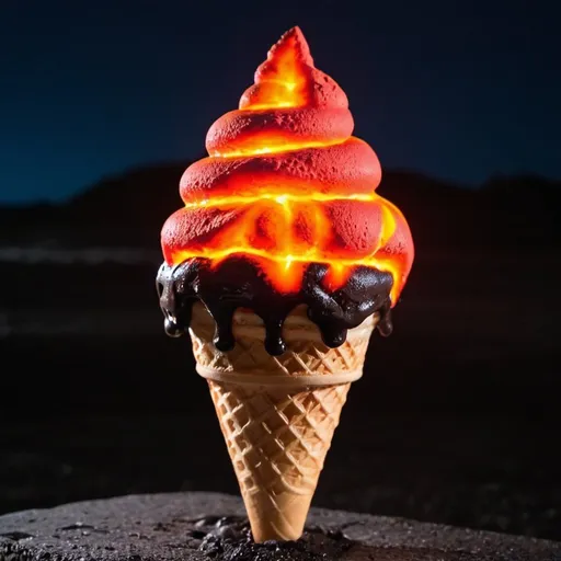 Prompt:  lava in an ice cream cone at night 