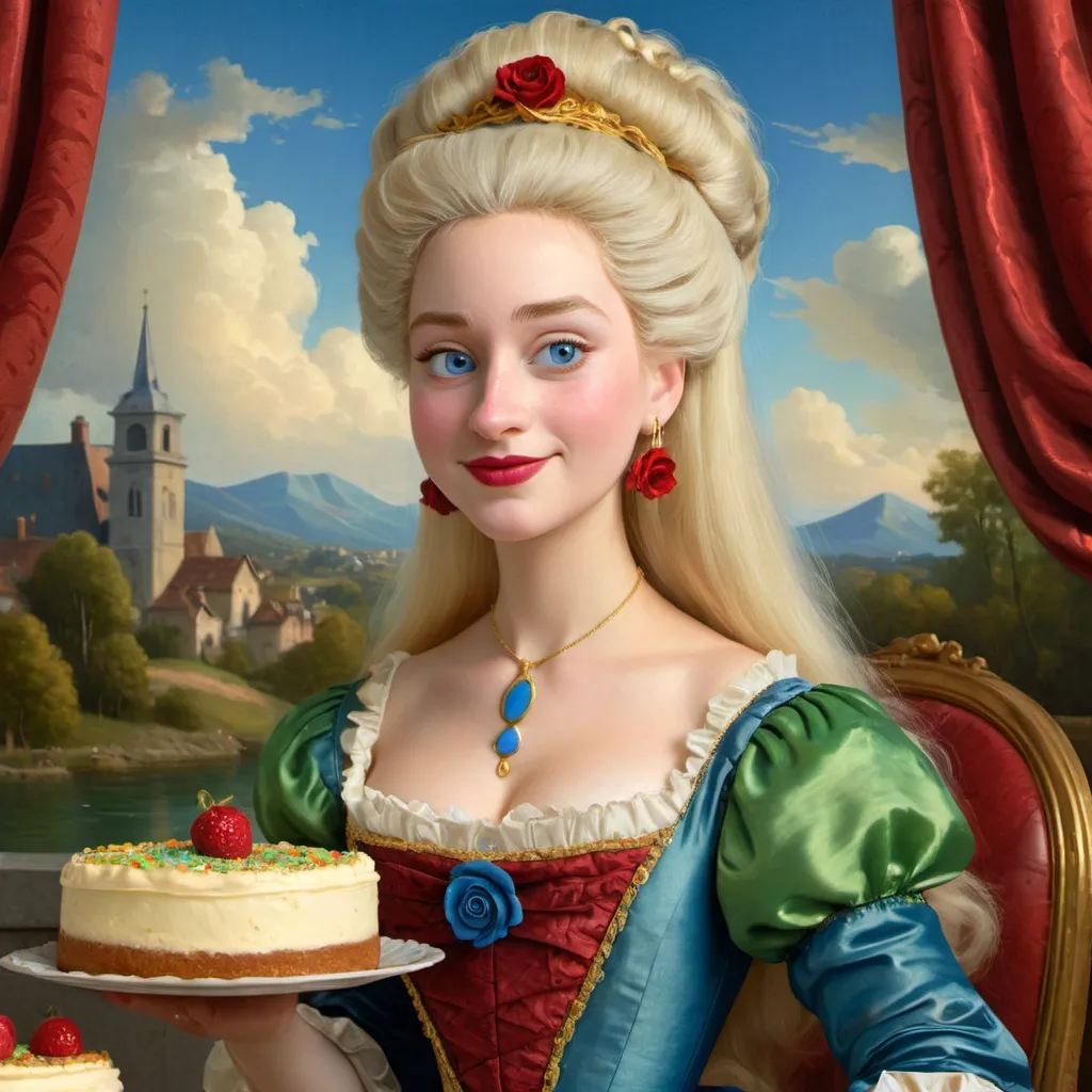 Prompt: a half-length portrait painting  of Marie Antoinette cover with dark freckle blue eyes  long blonde hair red lipstick  on a smile on her face, "gold earrings"  renaissance dress eating cake with a green background and a blue sky, Fra Bartolomeo, academic art, renaissance oil painting, a painting in the style of  Mona Lisa