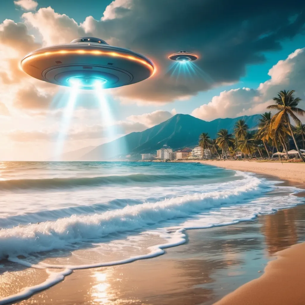 Prompt: background on the beach, while UFO is attacking









