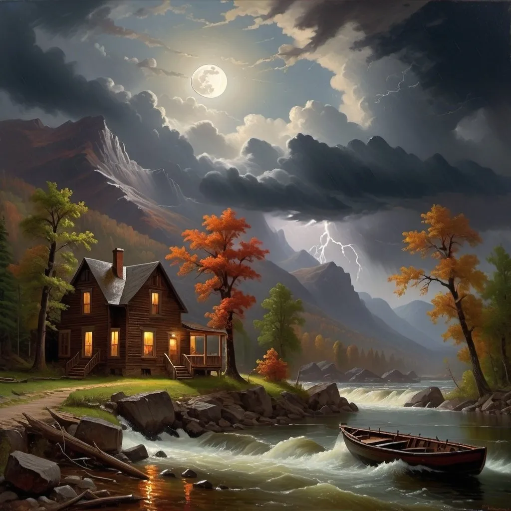 Prompt: Create a UHD, 64K, professional oil painting in the style of Albert Bierstadt, Hudson River School, american scene painting,  Depict  it was a stormy night  a house by a river with a boat in the water The storm roared and rumbled in the mountains The storm increased The thunder rolled and the rain continued to beat with unabated fury and the moon had sunk behind the dark summits of the mountains leaving only a dim and uncertain light.