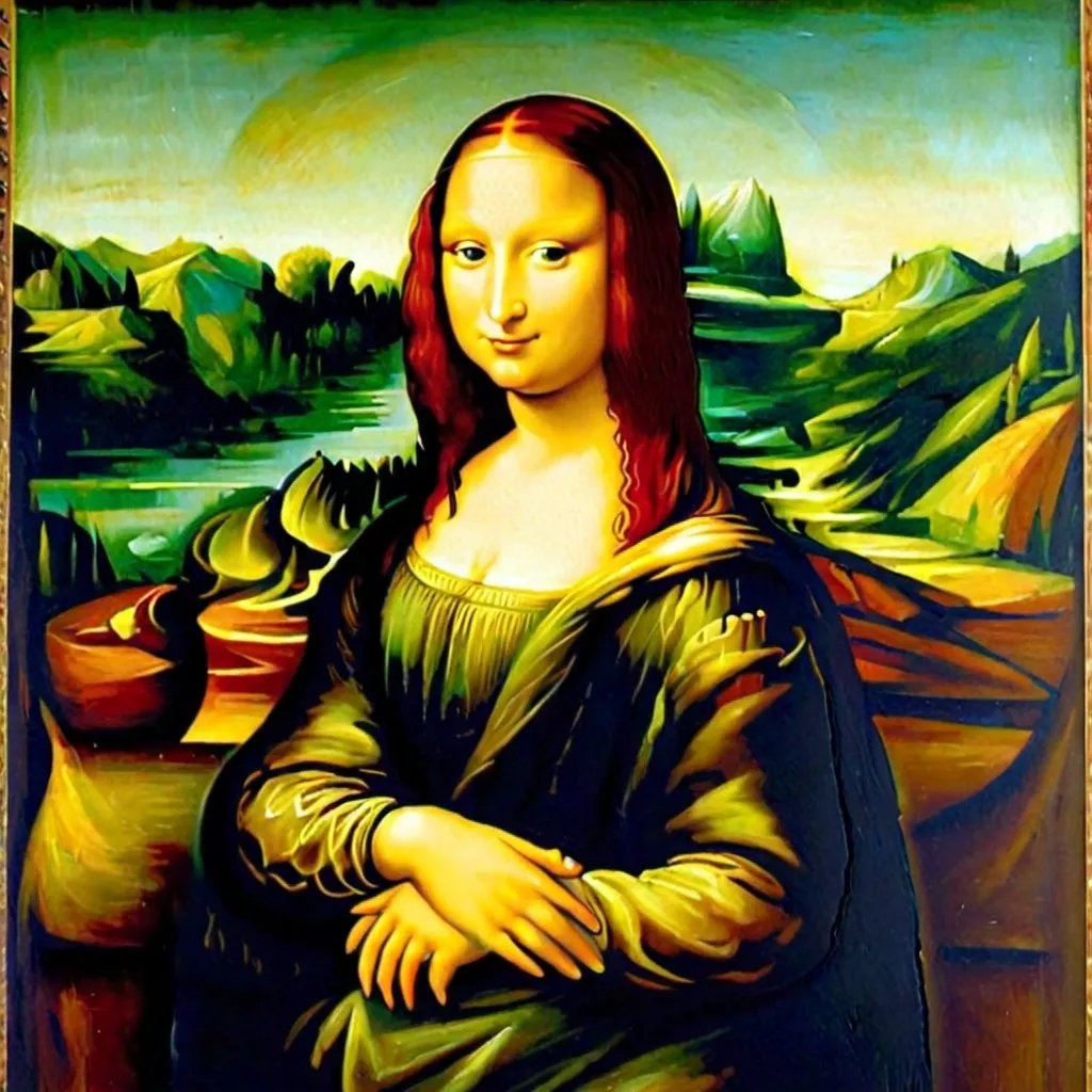 Prompt:  half-length Italian Renaissance portrait painting, Mona Lisa, freckle face, red hair, green eyes, red lipstick, landscape,  style of  Leonardo da Vinci.