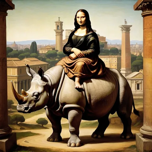 Prompt: Mona Lisa riding a Rhinoceros stacking  the ancient city of Rome