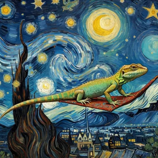 Prompt: a Lizard flying on a "magic carpet" in "The Starry Night" by Vincent van Gogh