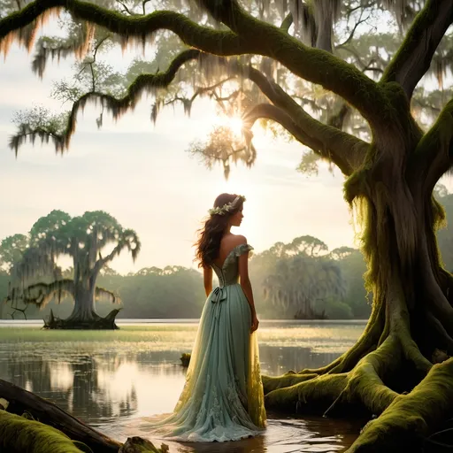 Prompt: "Journey back to the romantic and mystical atmosphere of 18th-century French Louisiana as you depict the iconic figure of Evangeline standing beneath the spreading branches of a majestic oak tree draped in Spanish moss. Let the soft, ethereal light of the bayou filter through the moss and leaves, casting gentle shadows on Evangeline's figure.

Capture the depth of Evangeline's emotions as she gazes out across the tranquil waters of the bayou, her eyes filled with longing and hope as she waits for her forever lost love, Gabriel. Infuse your artwork with a sense of melancholy and nostalgia, reflecting Evangeline's enduring devotion and the timeless themes of love and loss.

Experiment with color, texture, and brushstrokes to convey the lush beauty of the Louisiana landscape and the timeless allure of Evangeline's character. Whether you choose to depict her in a moment of quiet contemplation or with a hint of movement as a gentle breeze stirs the moss and ripples the water, let your imagination transport viewers to a world of romance and enchantment.