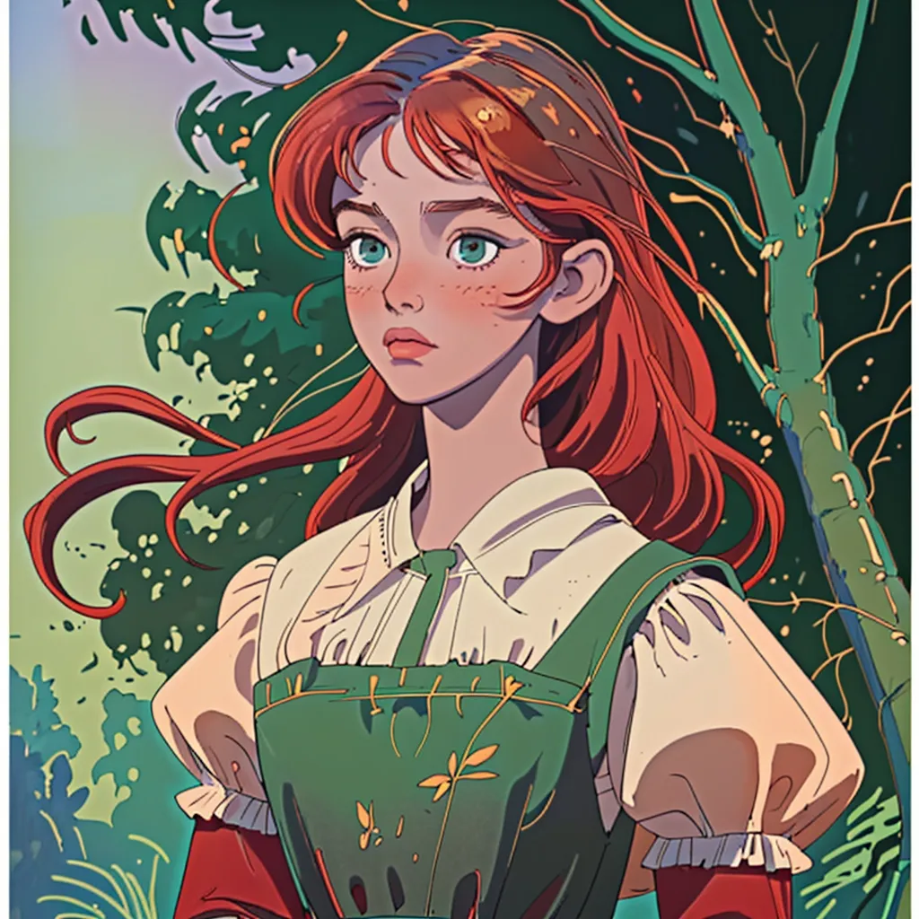 Prompt: a painting of a woman with red hair and a green dress and a white shirt and a tree and a river, Anne Said, pre-raphaelitism, pre - raphaelite, an ultrafine detailed painting

Anne Shirley at age of 21, by L. M. Montgomery