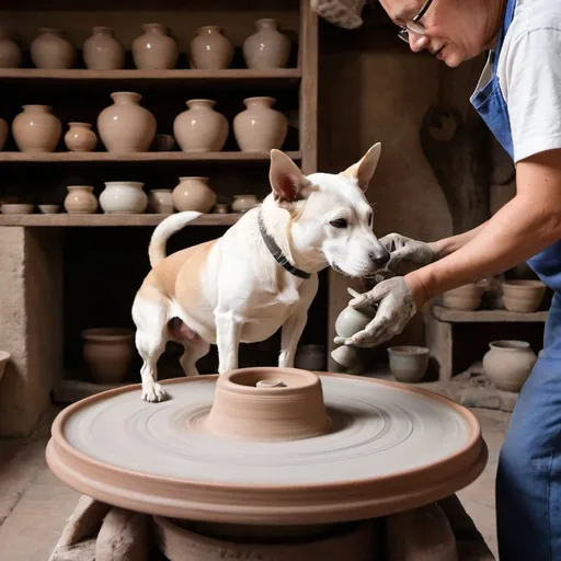 Prompt: a dog making pottery on pottery wheel