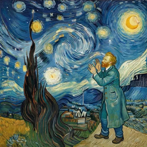 Prompt:  Vincent van Gogh catching a "falling star"