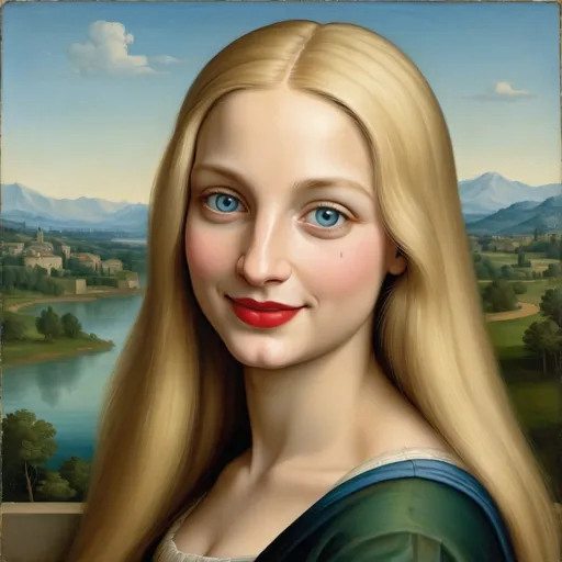Prompt: a painting of Mona Lisa blue eyes  long blonde hair, red lipstick, on a smile on her face, with a green background and a blue sky, Fra Bartolomeo, academic art, renaissance oil painting, a painting